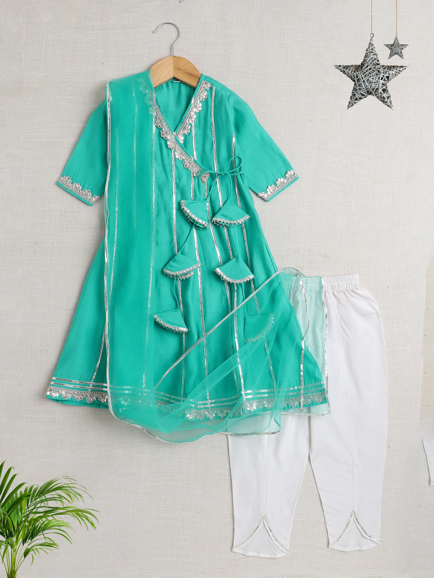 Short Sleeves Stripe Print Angarakha Kurta Set- Aqua