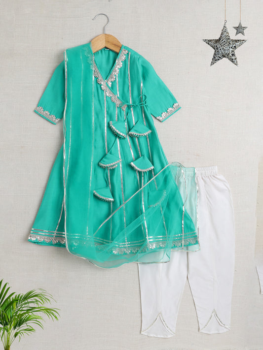 Short Sleeves Stripe Print Angarakha Kurta Set- Aqua