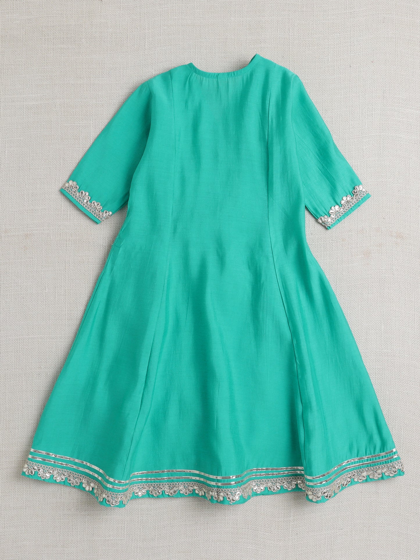 Short Sleeves Stripe Print Angarakha Kurta Set- Aqua