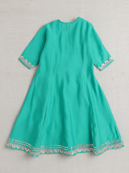 Short Sleeves Stripe Print Angarakha Kurta Set- Aqua