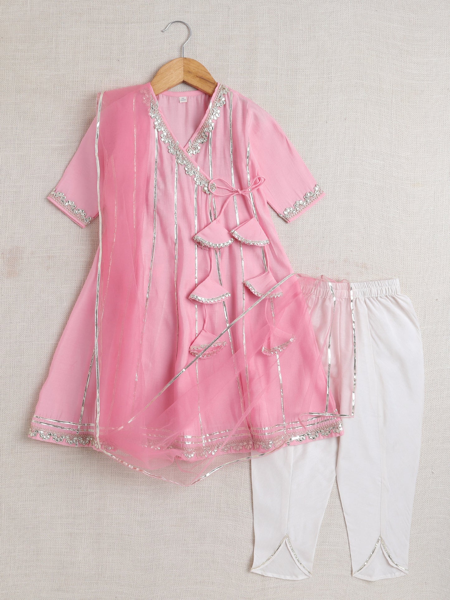Short Sleeves Stripe Print Angarakha Kurta Set- Pink