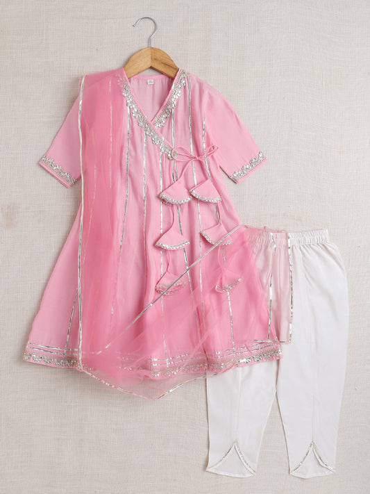 Short Sleeves Stripe Print Angarakha Kurta Set- Pink