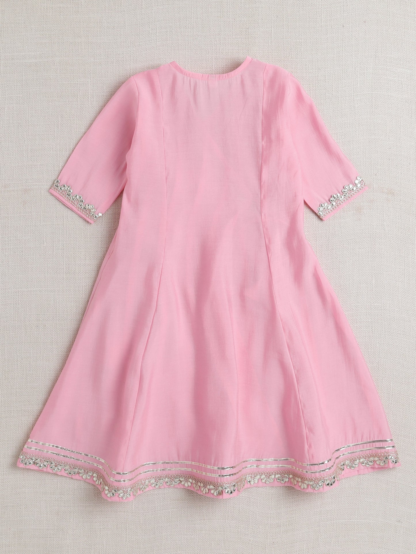 Short Sleeves Stripe Print Angarakha Kurta Set- Pink