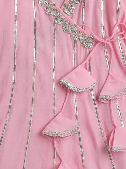 Short Sleeves Stripe Print Angarakha Kurta Set- Pink