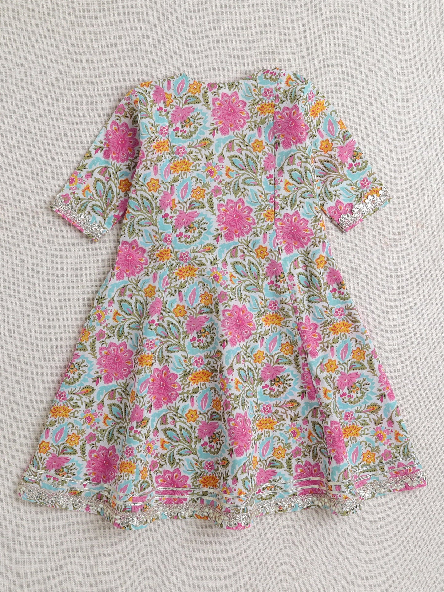 Half Sleeves Floral Printed & Lace Embellished Kurta With Salwar & Dupatta Set - Pink