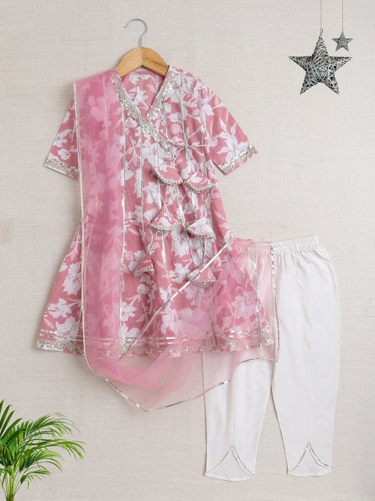 The Magic Wand Short Sleeves Floral Print Angarakha Kurta Set  Pink