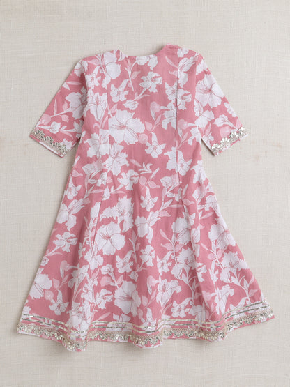 The Magic Wand Short Sleeves Floral Print Angarakha Kurta Set  Pink