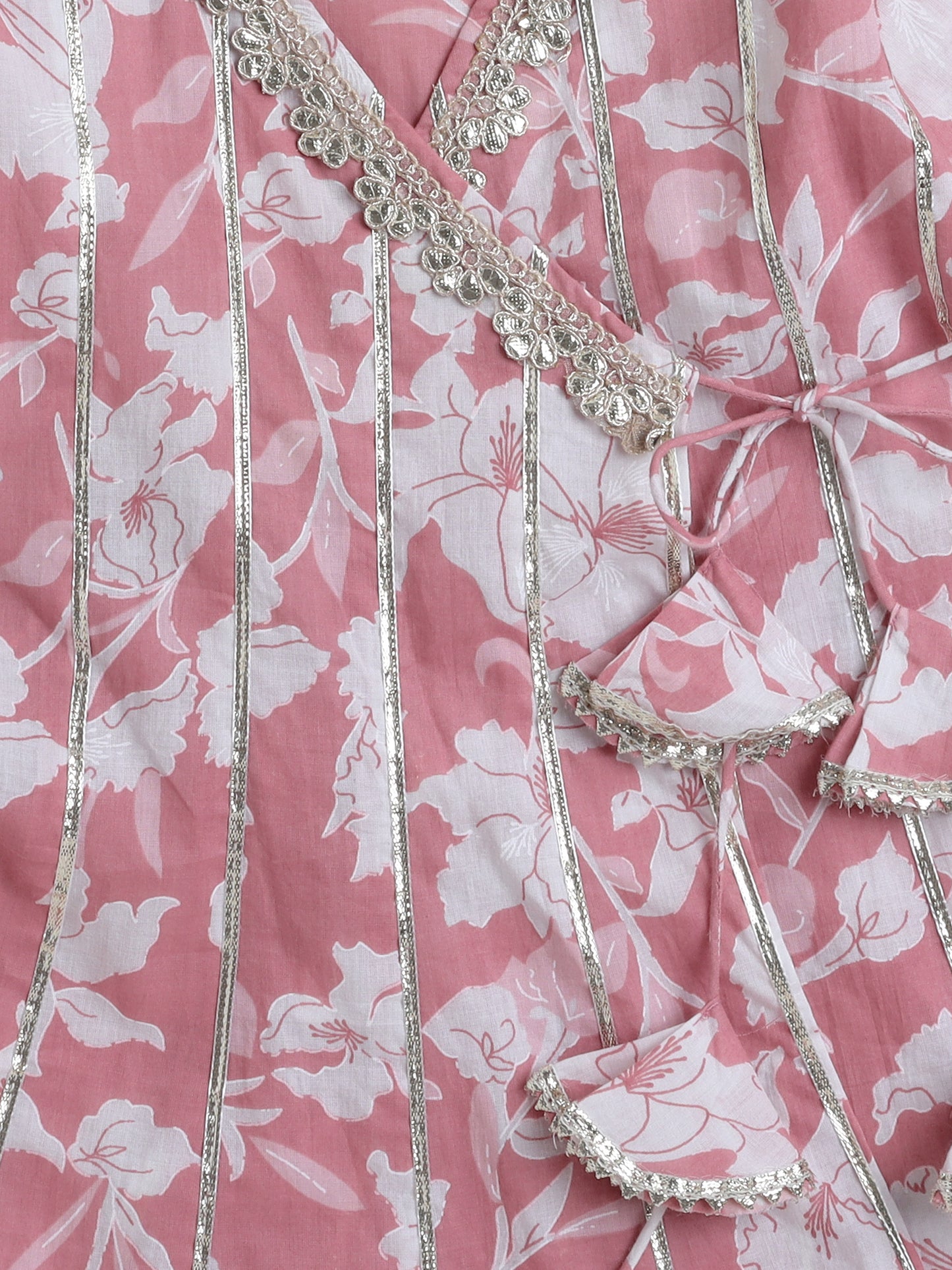 The Magic Wand Short Sleeves Floral Print Angarakha Kurta Set  Pink