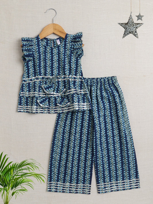 Sleeveless Stripe Print Coordinating Top and Pant Set- Blue