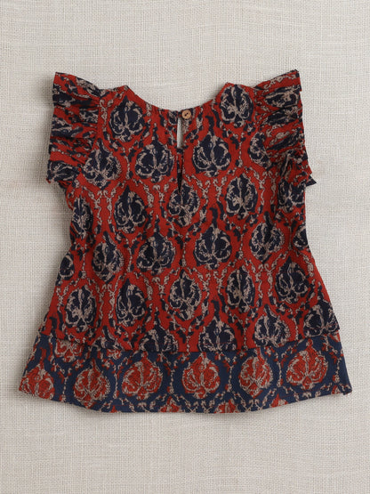 Sleeveless Frill Detailed Abstract Printed & Lace Embellished Top With Coordinating Pant Set - Maroon