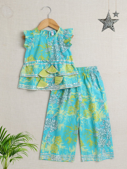 Sleeveless Floral Print Coordinating Top and Pant Set- Green