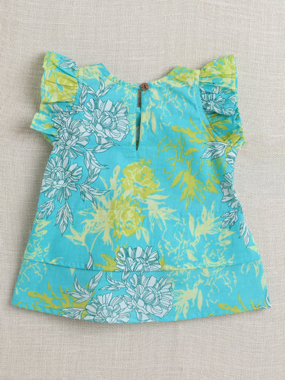 Sleeveless Frill Detailed Floral Printed & Lace Embellished Top With Coordinating Pant Set - Green