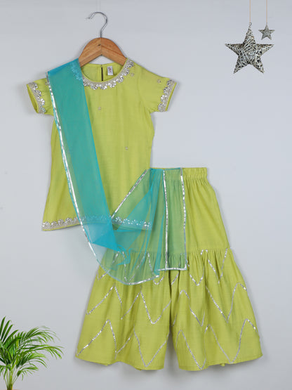 Half Sleeves Solid Print Kurta with Lace Embellishment and Palazzo Set- Green