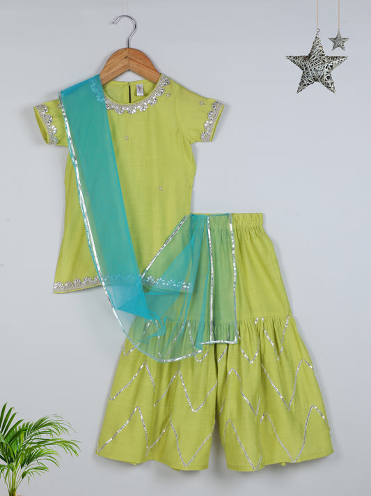 Half Sleeves Solid Print Kurta with Lace Embellishment and Palazzo Set- Green