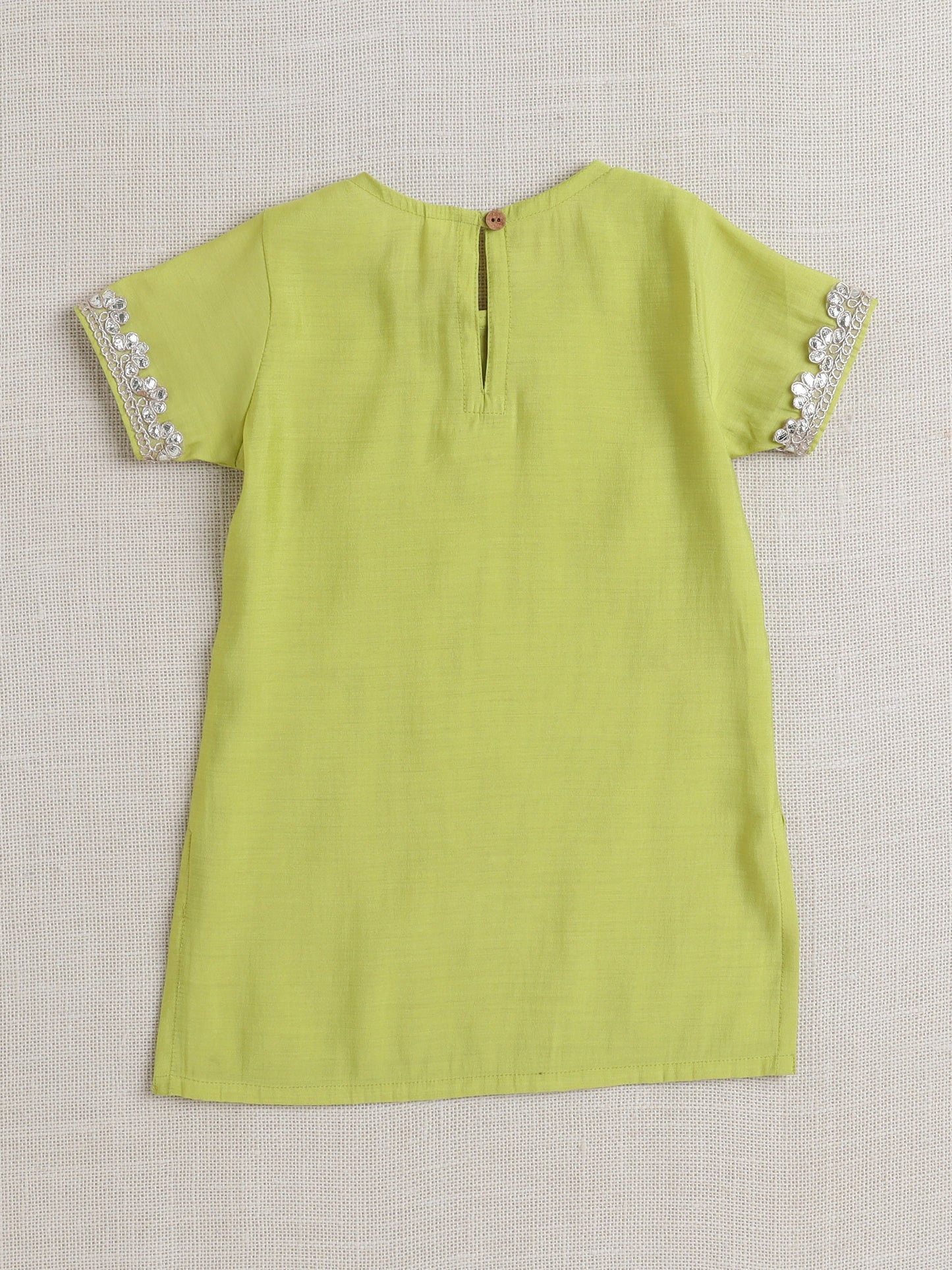 Half Sleeves Solid Print Kurta with Lace Embellishment and Palazzo Set- Green