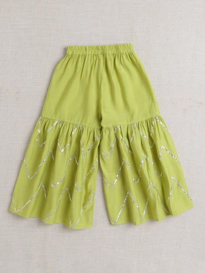 Half Sleeves Solid Print Kurta with Lace Embellishment and Palazzo Set- Green