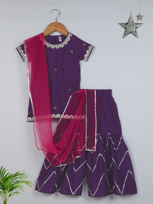 Half Sleeves Solid Print Kurta with Lace Embellishment and Palazzo Set- Purple