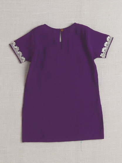 Half Sleeves Solid Print Kurta with Lace Embellishment and Palazzo Set- Purple