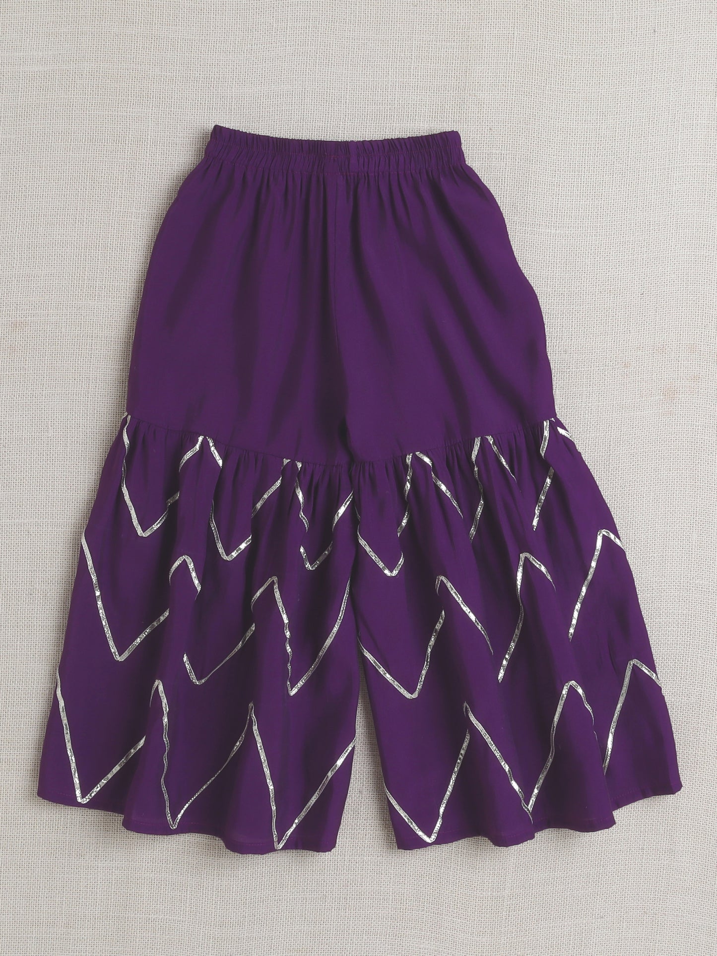 Half Sleeves Solid Print Kurta with Lace Embellishment and Palazzo Set- Purple