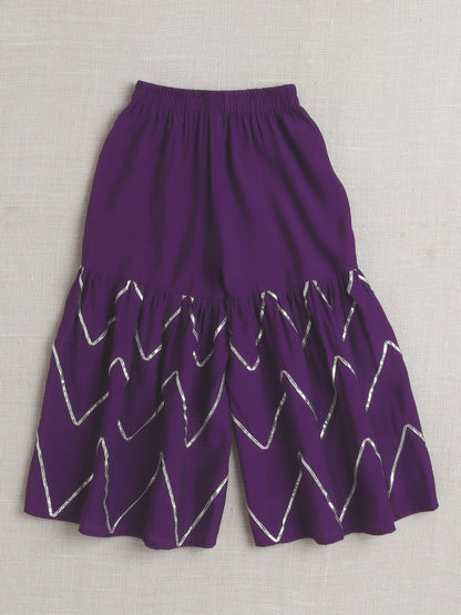 Half Sleeves Solid Print Kurta with Lace Embellishment and Palazzo Set- Purple