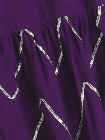 Half Sleeves Solid Print Kurta with Lace Embellishment and Palazzo Set- Purple