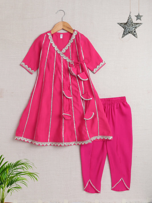 Stripe Print with Lace Angarakha Kurta Set- Fuchsia