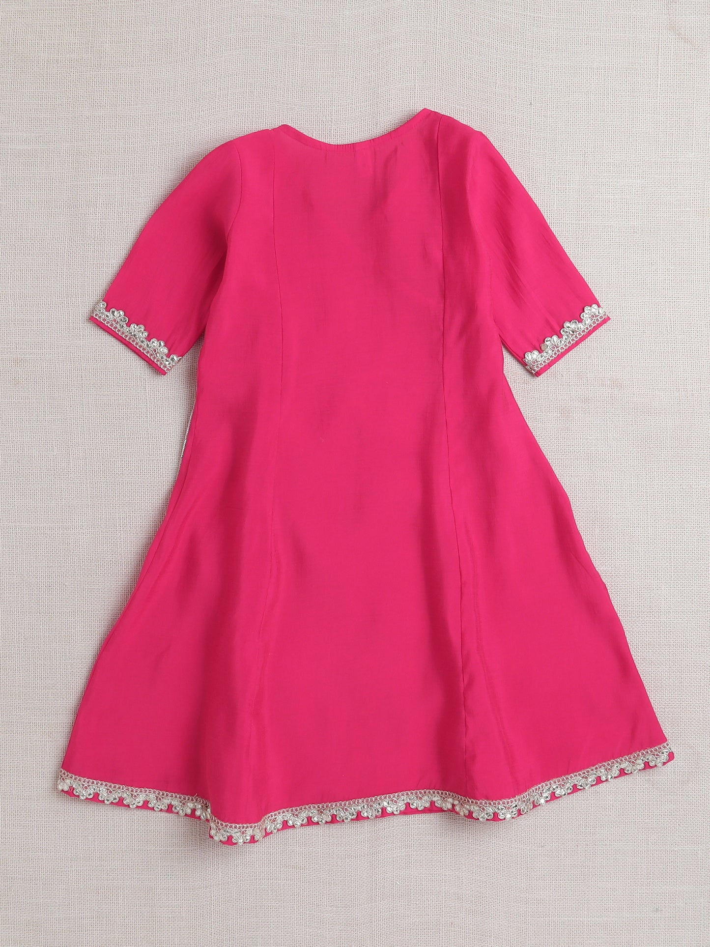 Stripe Print with Lace Angarakha Kurta Set- Fuchsia