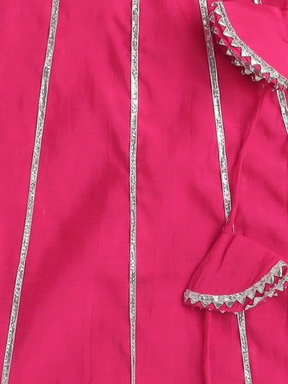 Stripe Print with Lace Angarakha Kurta Set- Fuchsia