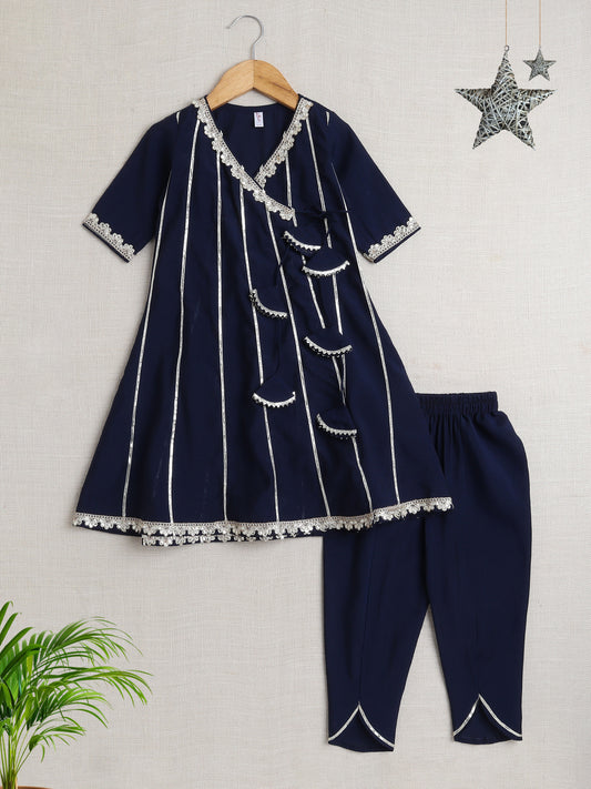Stripe Print with Lace Angarakha Kurta Set- Navy Blue