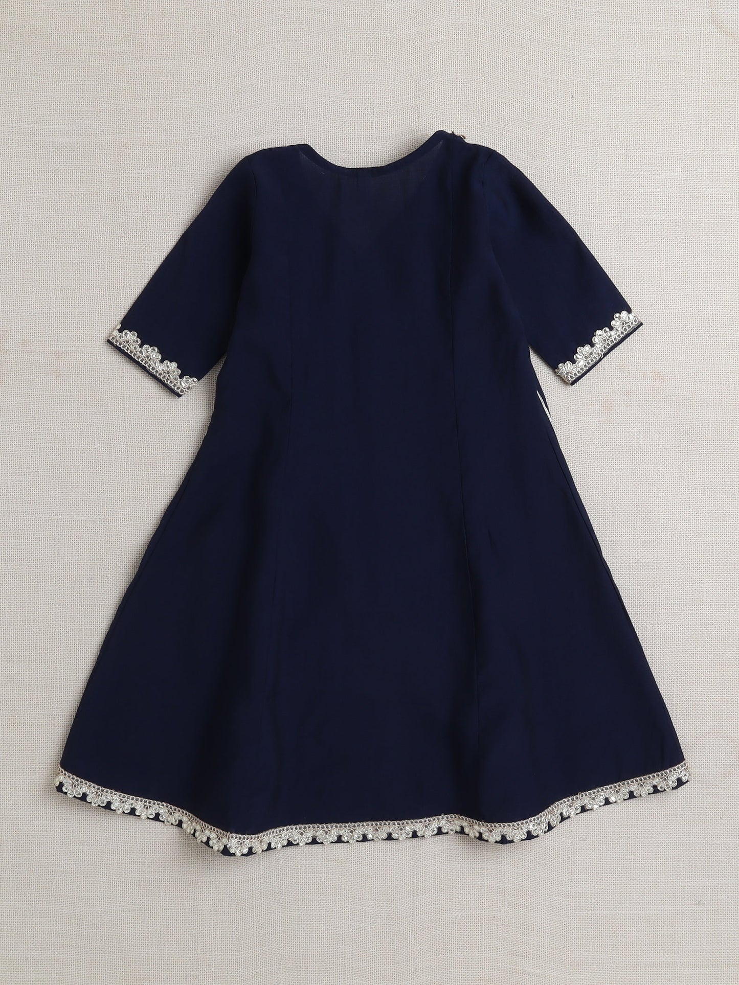 Stripe Print with Lace Angarakha Kurta Set- Navy Blue