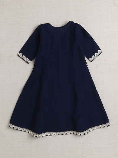 Stripe Print with Lace Angarakha Kurta Set- Navy Blue
