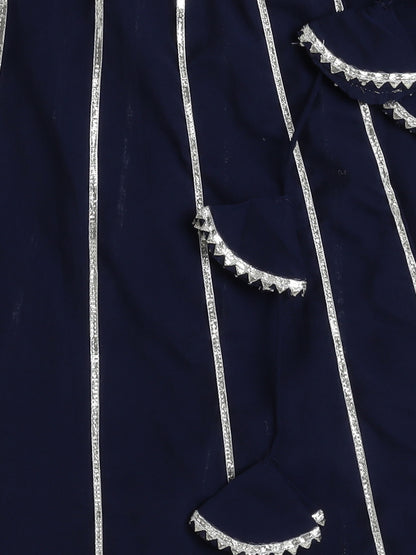 Stripe Print with Lace Angarakha Kurta Set- Navy Blue