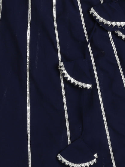 Half Sleeves Lace Embellished & Tassels Detailed Kurta Salwar Set - Navy Blue