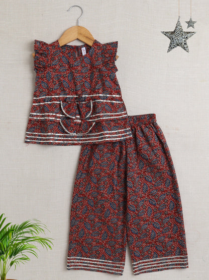 Sleeveless All Over Print Coordinating Top and Pant Set- Maroon