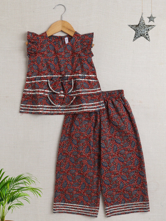 Sleeveless All Over Print Coordinating Top and Pant Set- Maroon