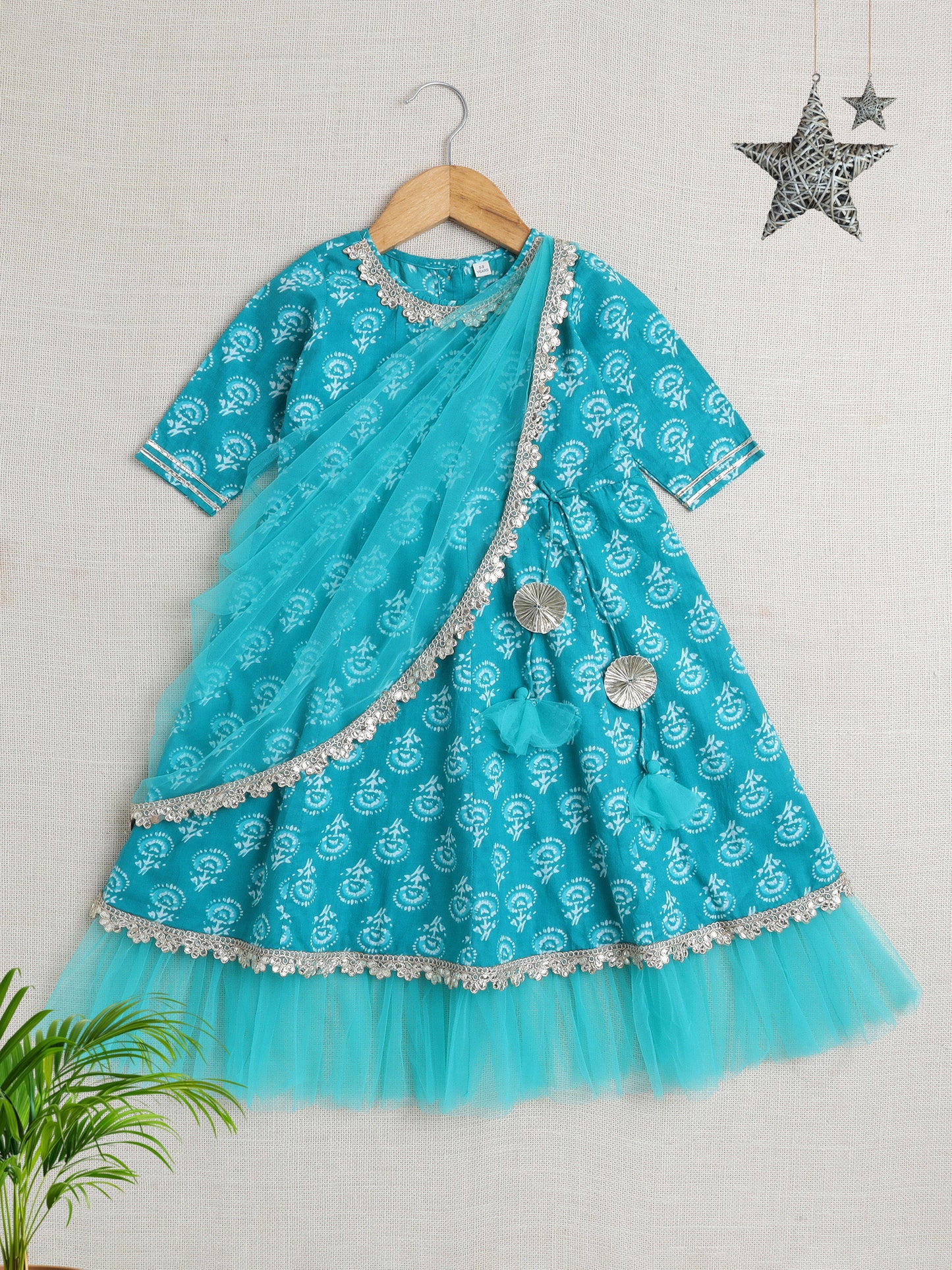 Short Sleeves All Over Print with Frills Ethnic Dress- Blue