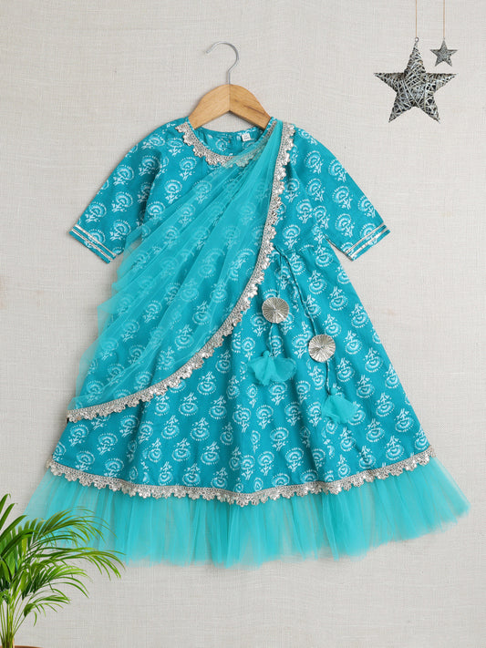 Short Sleeves All Over Print with Frills Ethnic Dress- Blue