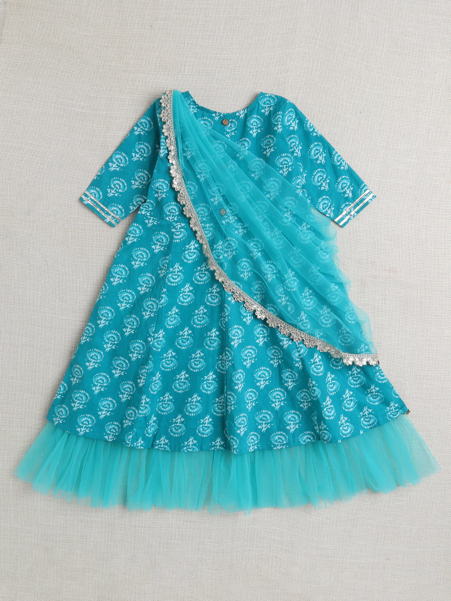 Short Sleeves All Over Print with Frills Ethnic Dress- Blue