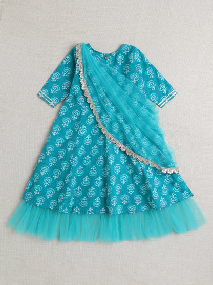 Short Sleeves All Over Print with Frills Ethnic Dress- Blue