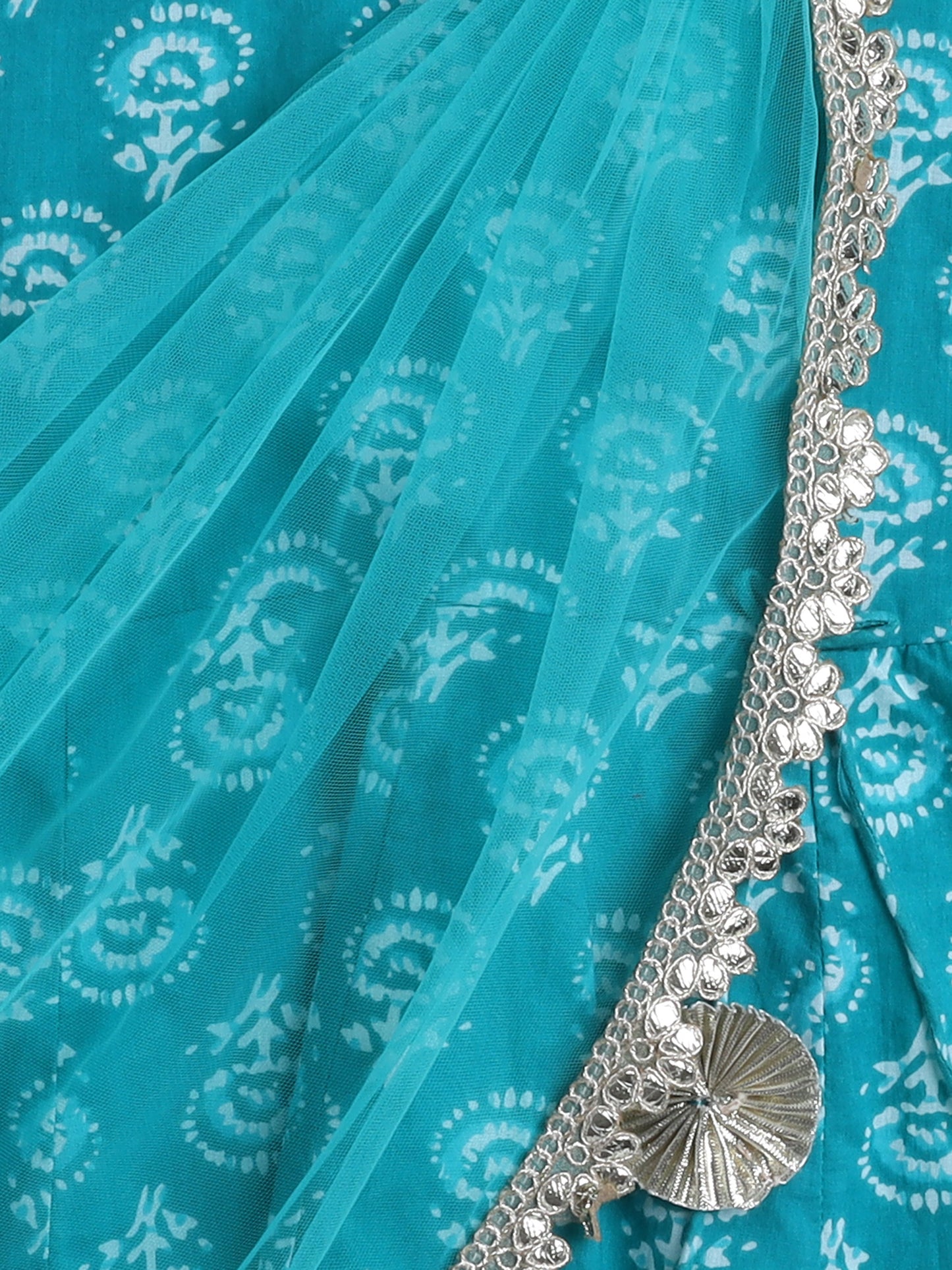 Short Sleeves All Over Print with Frills Ethnic Dress- Blue