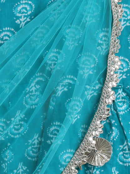 Short Sleeves All Over Print with Frills Ethnic Dress- Blue
