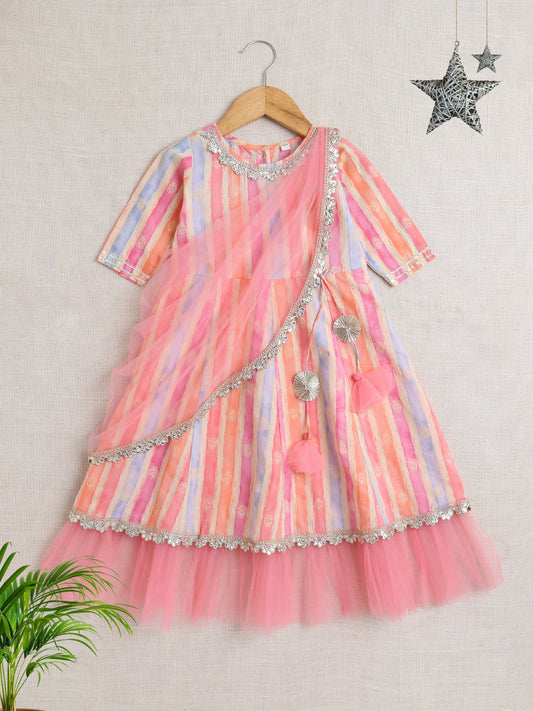 The Magic Wand Short Sleeves All Over Print with Frills Ethnic Dress-Peach