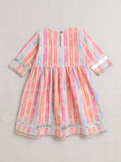 Half Sleeves Stripe Print Alia Cut Kurta Set- Peach