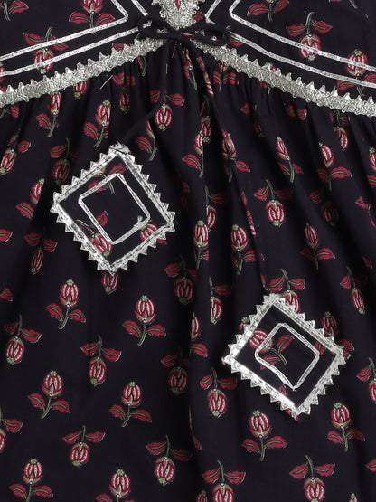 Half Sleeves Floral Printed Gota Lace Embellished Kurta  & Salwar Set - Black