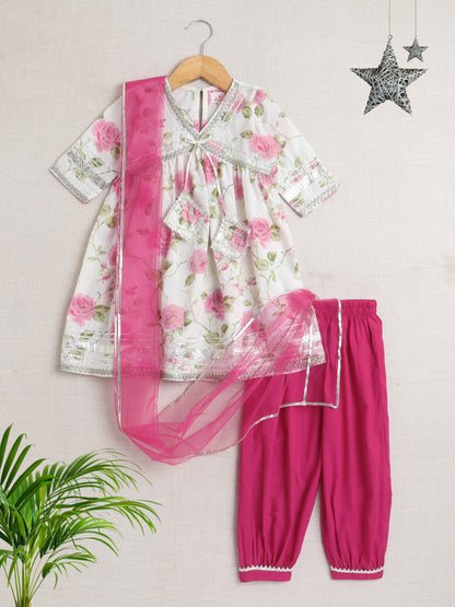 Half Sleeves Floral Print Alia Cut Kurta Set- Off White