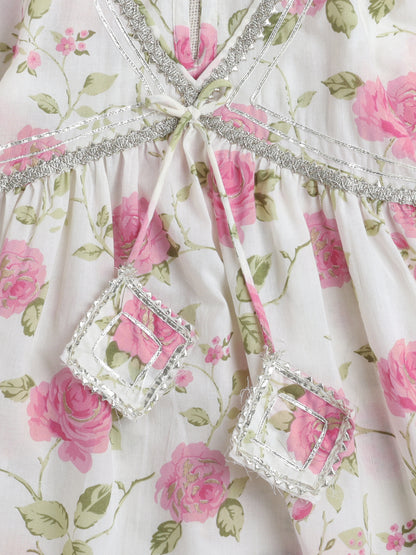 Half Sleeves Floral Print Alia Cut Kurta Set- Off White