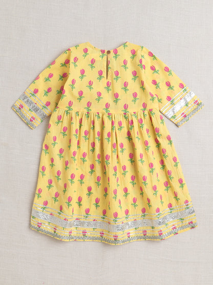 Half Sleeves Floral Print Alia Cut Kurta Set- Yellow