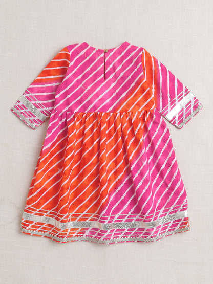 Half Sleeves Stripe Print Alia Cut Kurta Set- Fuchsia