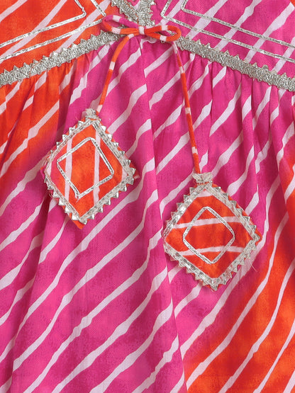 Half Sleeves Stripe Print Alia Cut Kurta Set- Fuchsia
