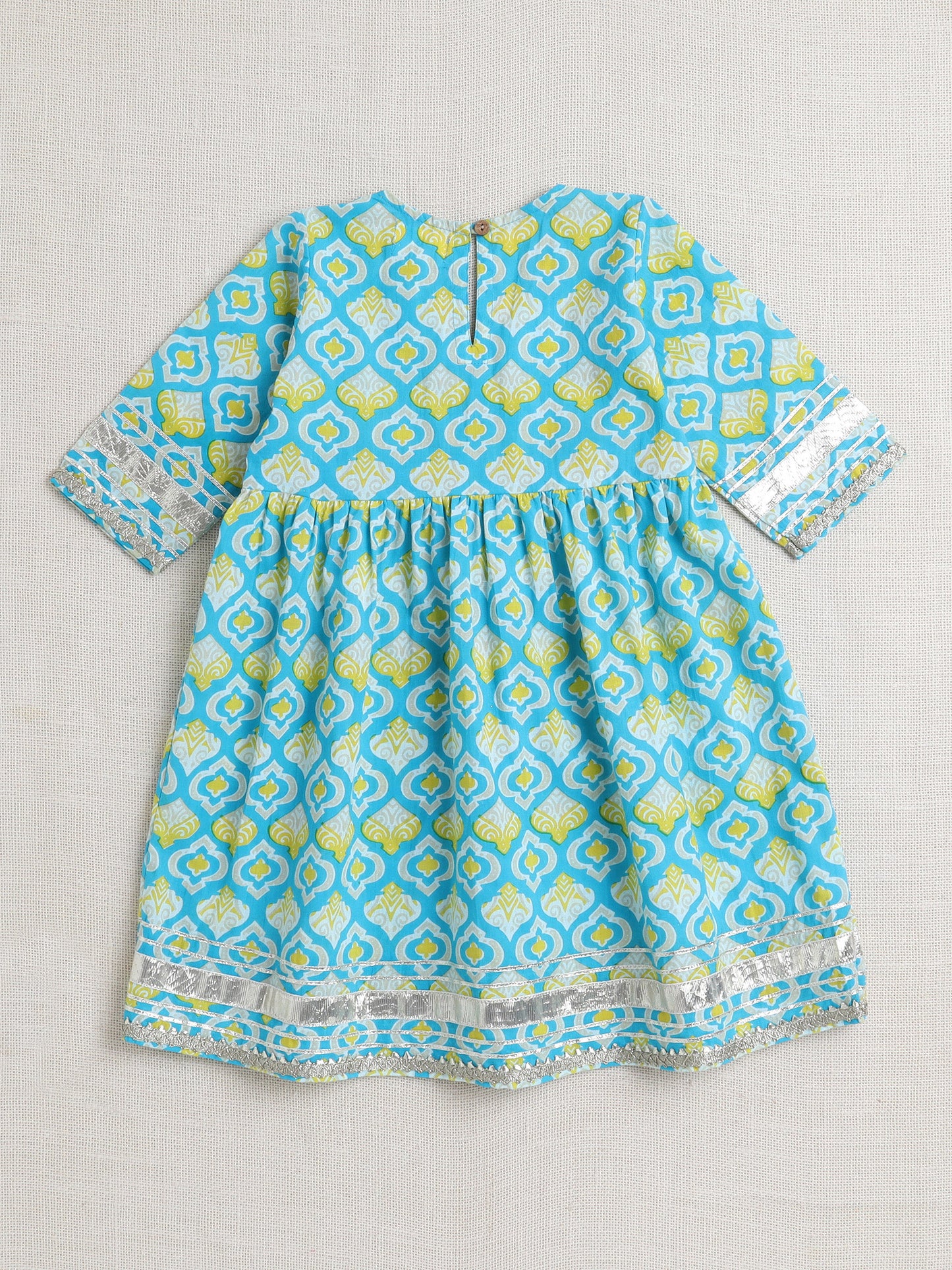 Half Sleeves Geometric Print Alia Cut Kurta Set- Aqua